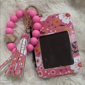 Floral Pink Card Holder with Beaded Keychain